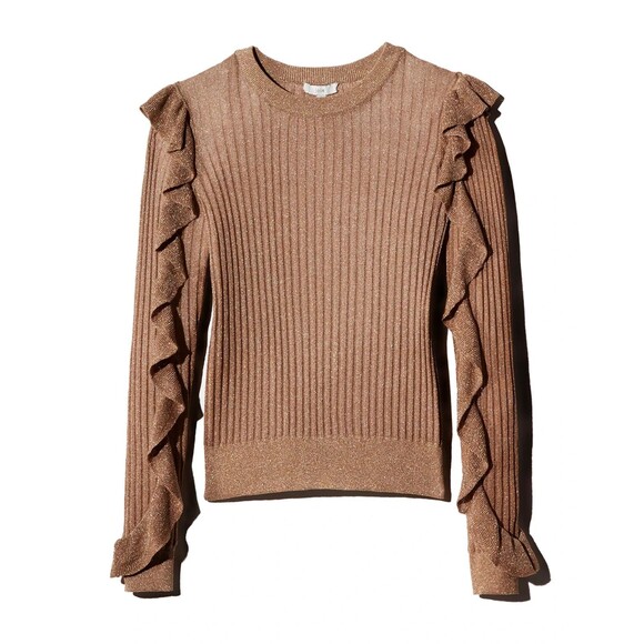 Joie Beza Shimmer Knit Sweater Gold Brown Metallic Ruffle Ribbed Top Size XS - Picture 4 of 12